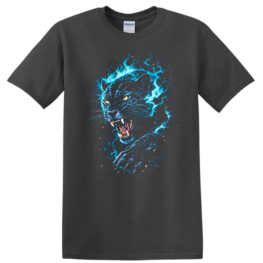 Electric Blue Panther Fireburst Graphic T Shirt for Animal Lovers - Charcoal