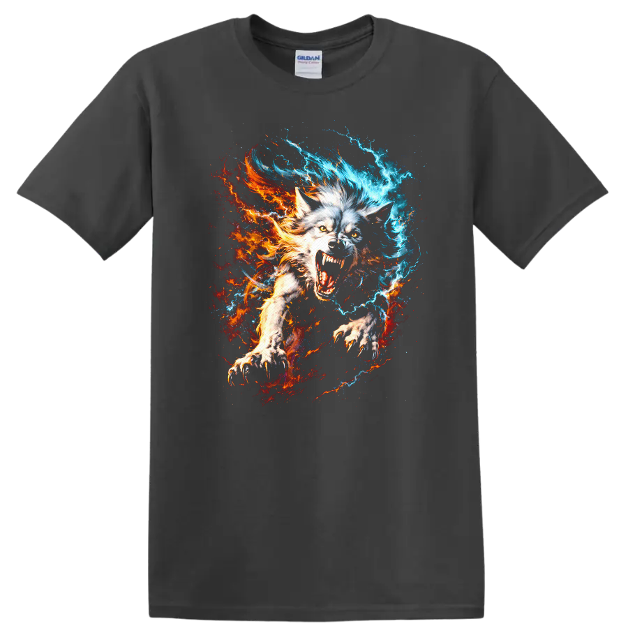 Fiery Ice Wolf Howling Animal Art T Shirt for Nature and Fantasy Fans - Charcoal