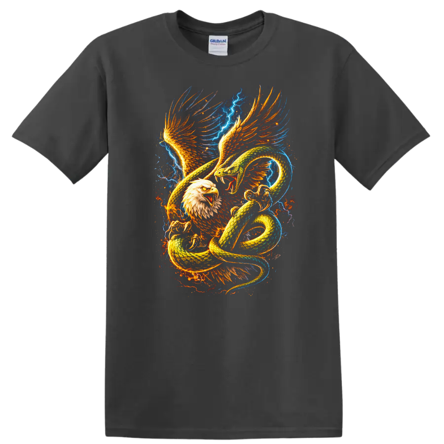 Fire and Ice Eagle Snake Battle Graphic T Shirt for Animal Art Fans - Charcoal