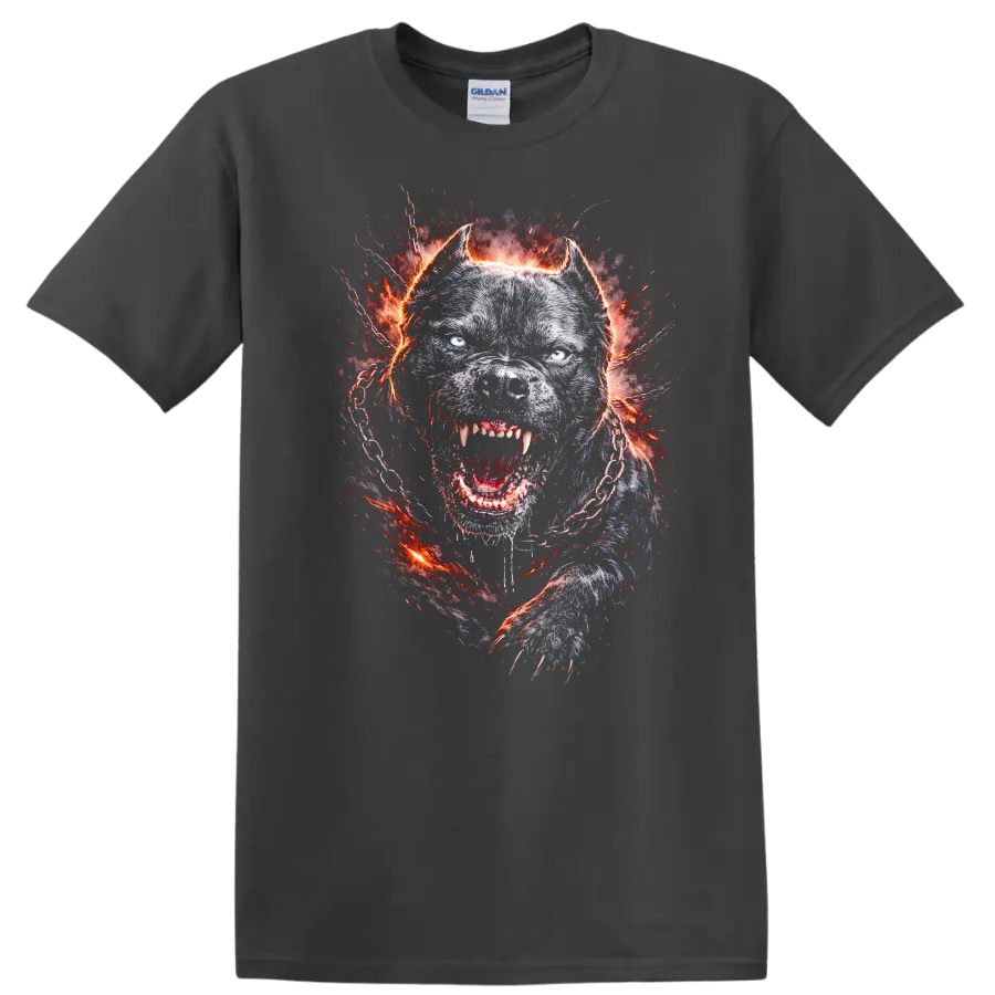 Fierce Pitbull Dog Head Fiery Chain T Shirt for Animal Lovers - Charcoal