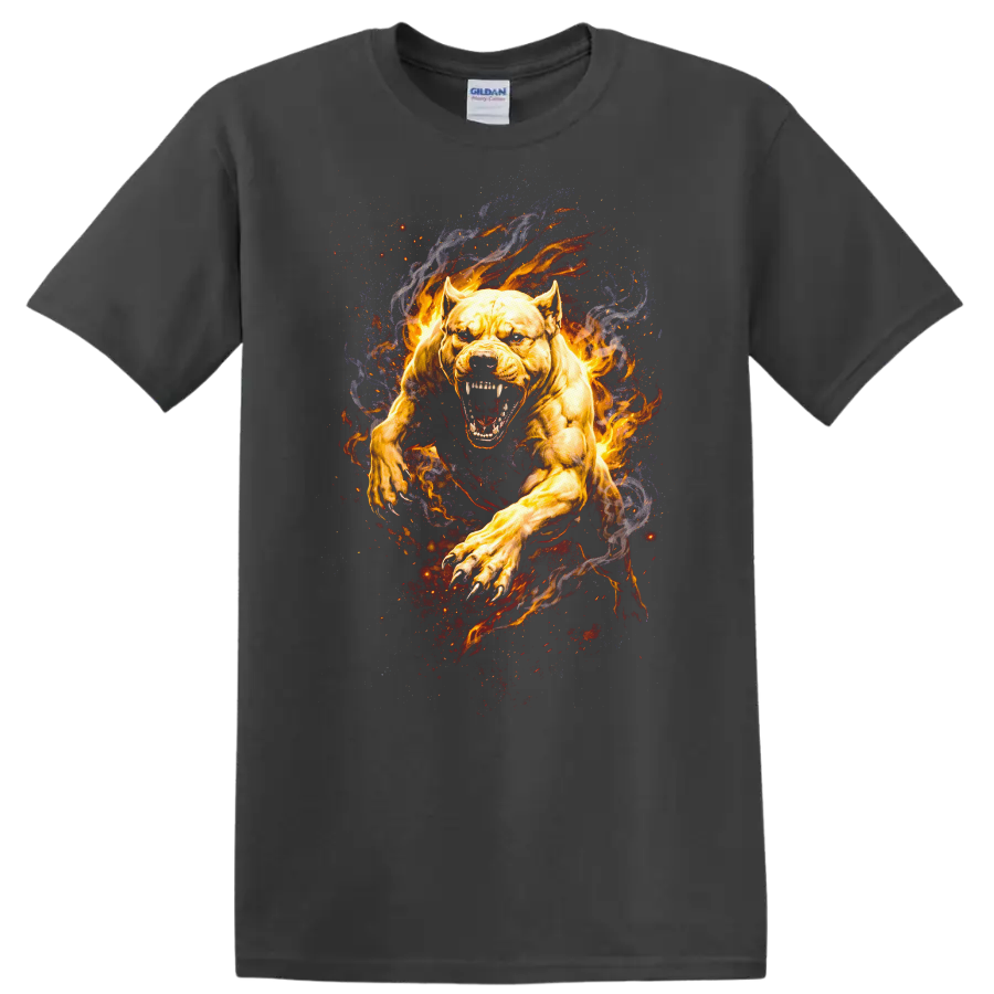 Fiery Pitbull Attack Art T Shirt Aggressive Animal Graphic - Charcoal