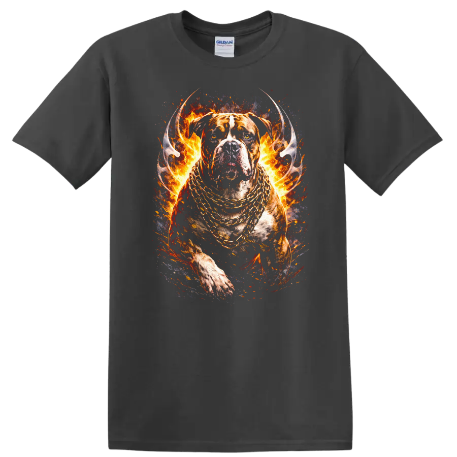 Fiery Pit Bull Dog with Gold Chains Animal T Shirt - Charcoal
