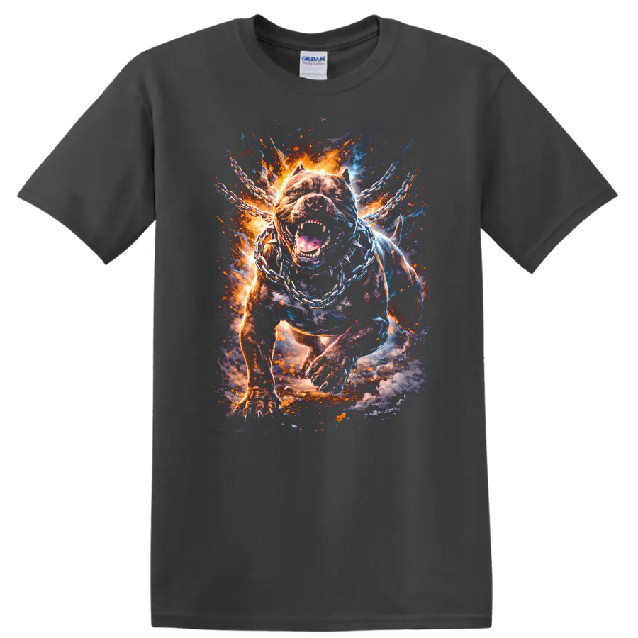 Fierce Pitbull Chains Fire Burst Graphic T Shirt for Dog Lovers - Charcoal