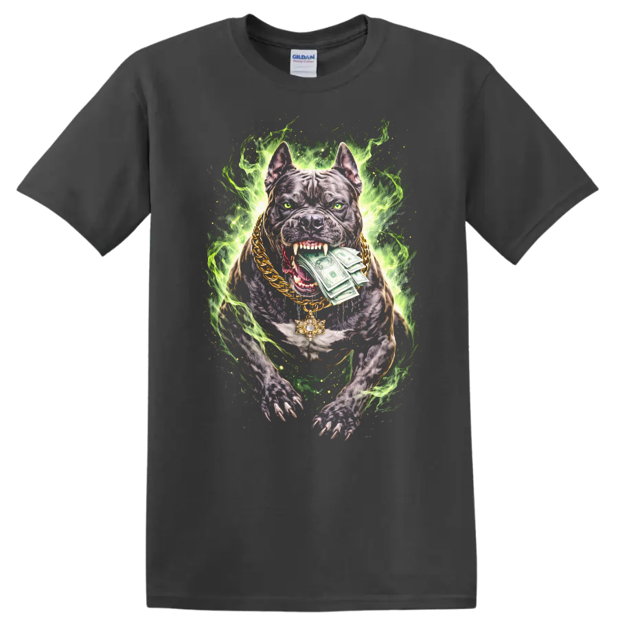 Neon Pitbull Money Dog Graphic T Shirt Fierce Streetwear Style - Charcoal
