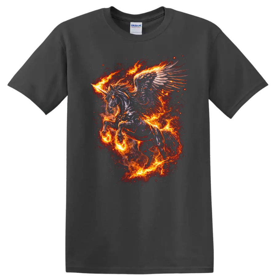 Fiery Winged Unicorn T Shirt Fantasy Animal Flame Art Graphic - Charcoal