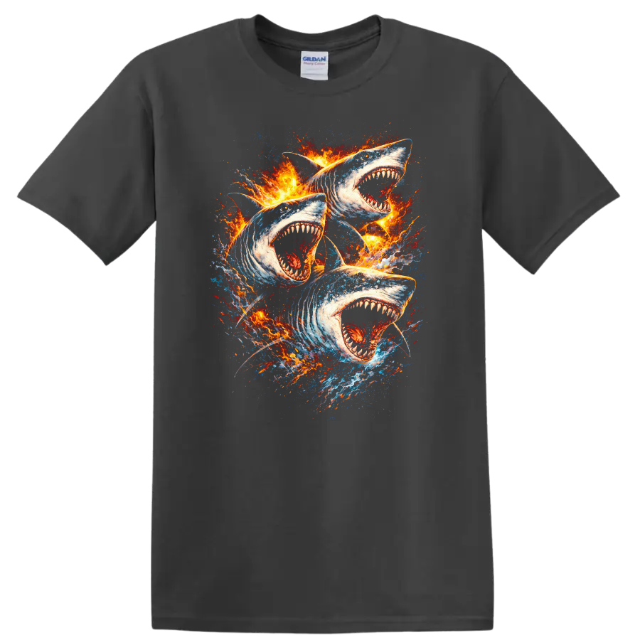 Fire Shark Trio Graphic T Shirt Bold Ocean Predator Design - Charcoal