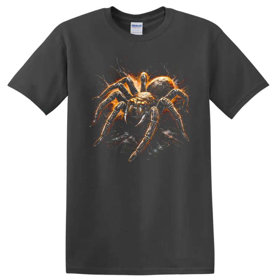 Fiery Spider Animal Art T Shirt Spooky Insect Graphic for Nature Fans - Charcoal