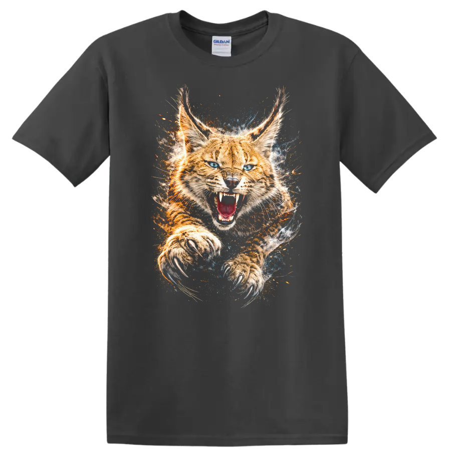 Roaring Bobcat Big Cat Claw Strike T Shirt Wild Animal Graphic - Charcoal