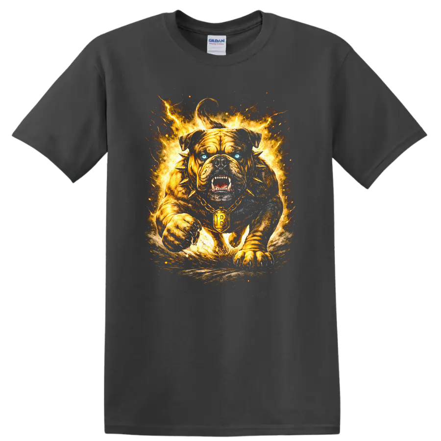 Fierce Bulldog Fireburst T Shirt Golden Gothic Collar Animal Graphic - Charcoal