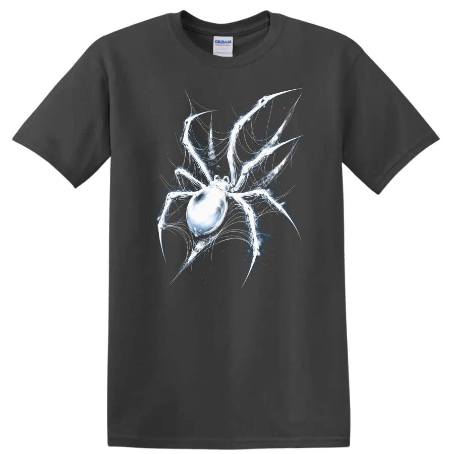 Glowing Spider Web Skull Art T Shirt for Animal and Gothic Style - Charcoal