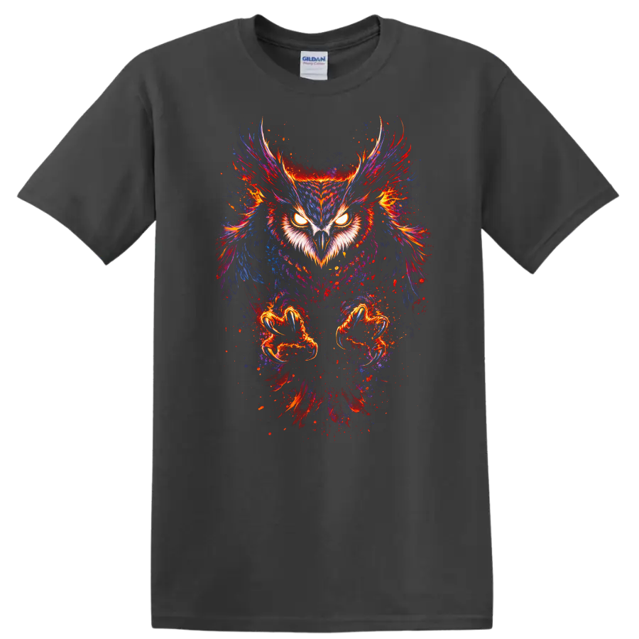 Neon Owl Eyes Wings Animal Art T Shirt for Bold Nature Lovers - Charcoal