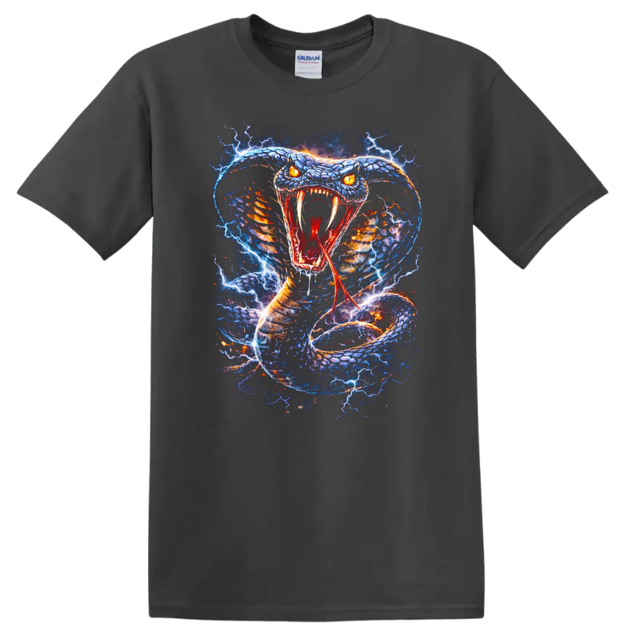 Electric Blue Snake Attack Graphic T Shirt for Reptile Lovers - Charcoal