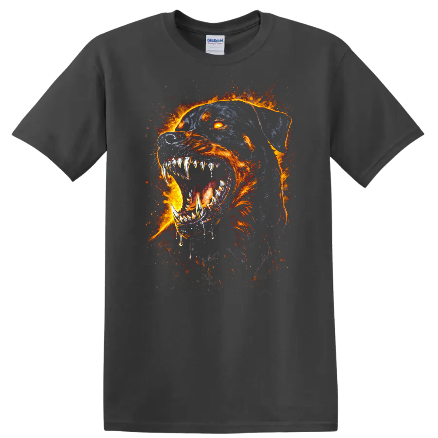 Fiery Rottweiler Dog Face T Shirt Flame Art Animal Graphic - Charcoal