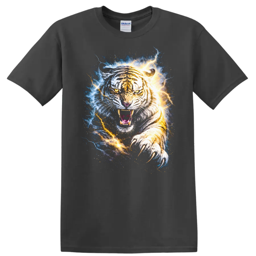 Fierce White Tiger Lightning Burst Graphic T Shirt Unisex Animal Art - Charcoal