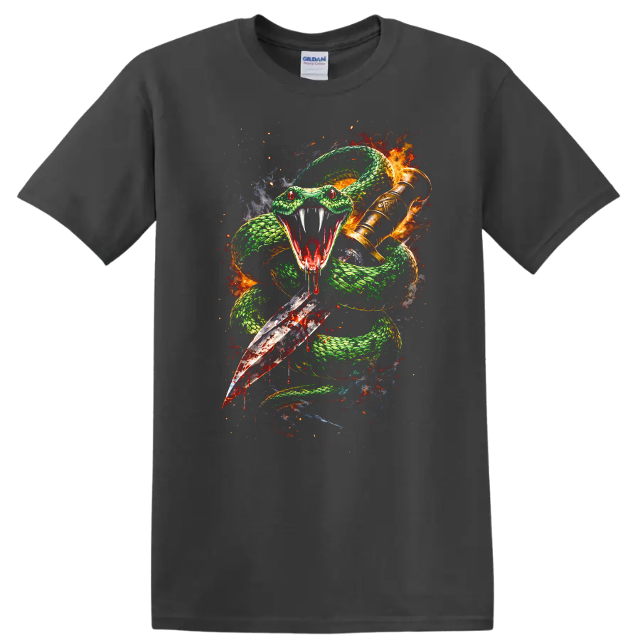 Fierce Snake and Sword Graphic T Shirt Green Fire Fantasy Animal - Charcoal