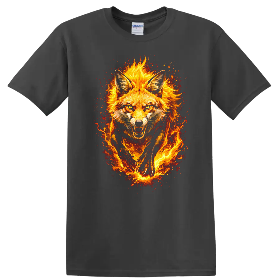 Fiery Fox Animal Art T Shirt Burning Wild Fox Portrait Graphic - Charcoal