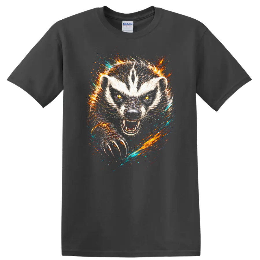 Fierce White Wolf Animal Art T Shirt with Fiery Claw Burst - Charcoal