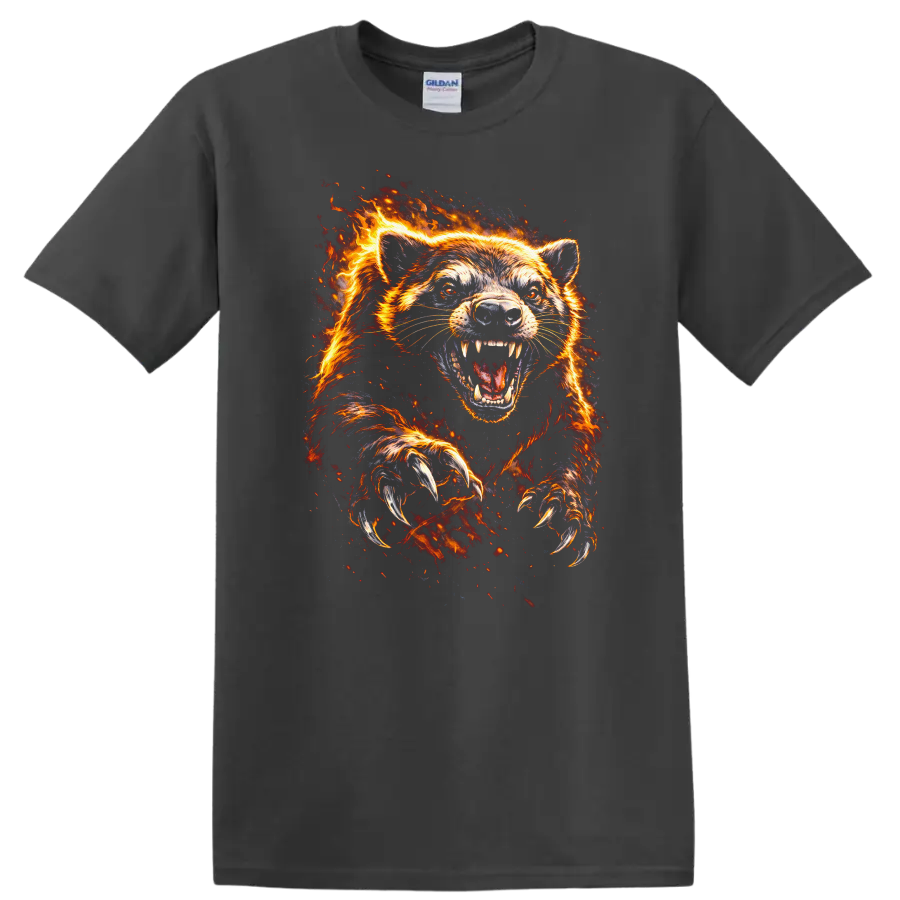 Fire Wolf Bear Roaring Flames Animals Graphic T Shirt - Charcoal