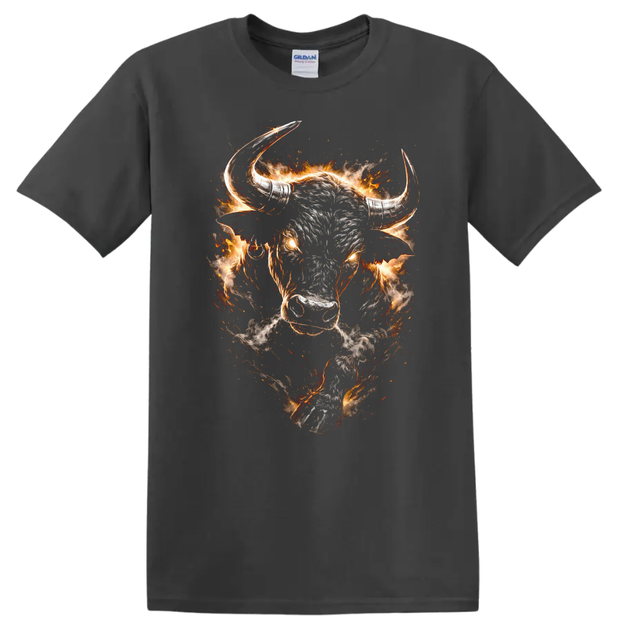 Flaming Bull Head Graphic T Shirt Fierce Western Animal Design - Charcoal