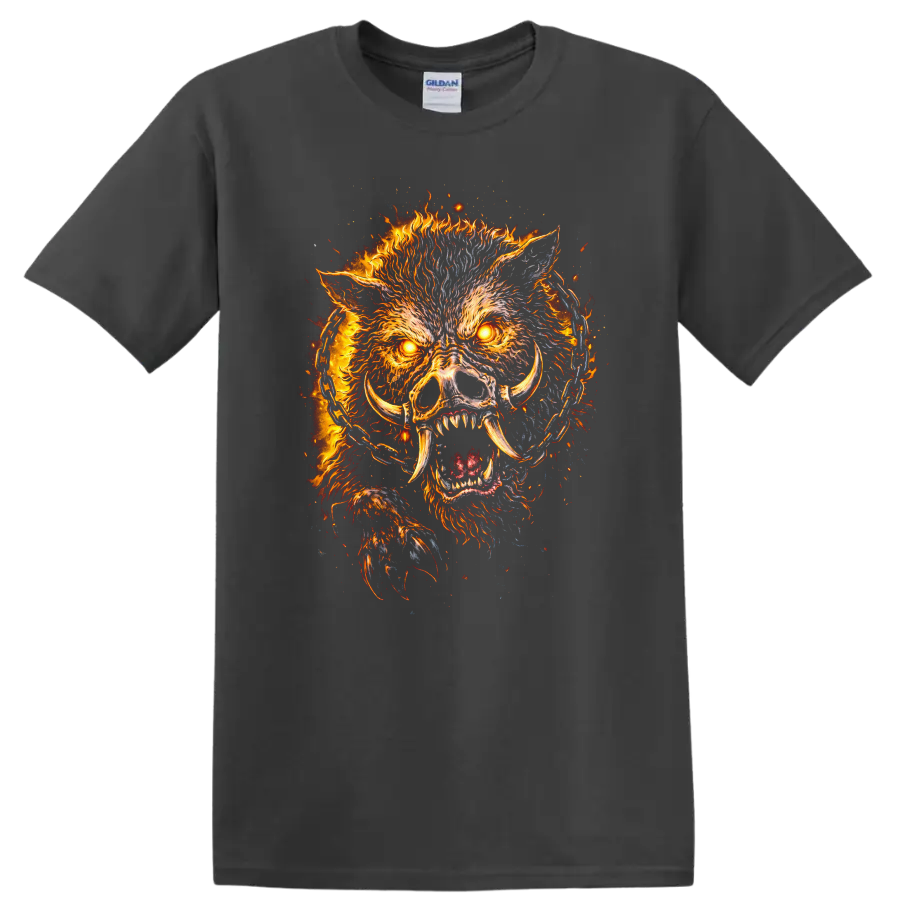 Fiery Boar Skull Animals Graphic T Shirt for Bold Streetwear - Charcoal