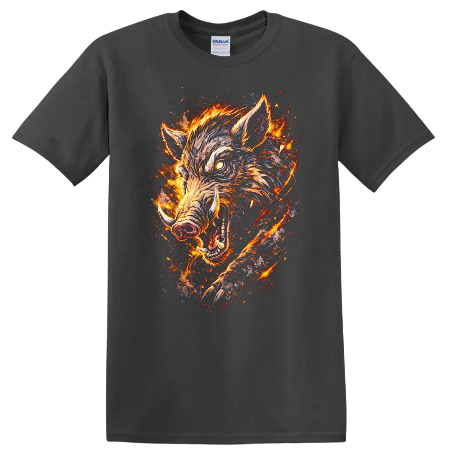 Fiery Wild Boar Graphic T Shirt Burning Animal Wildlife Art - Charcoal
