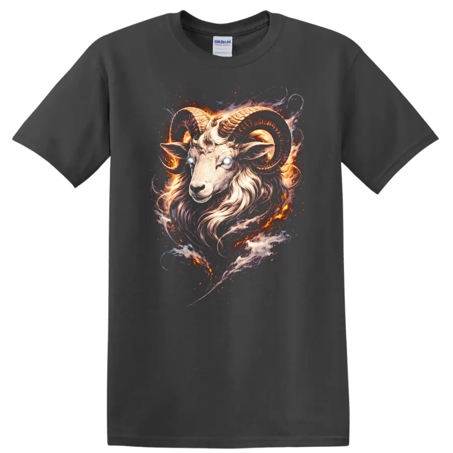 Fiery Ram Goat Head Fantasy Animal Art T Shirt for Bold Style - Charcoal