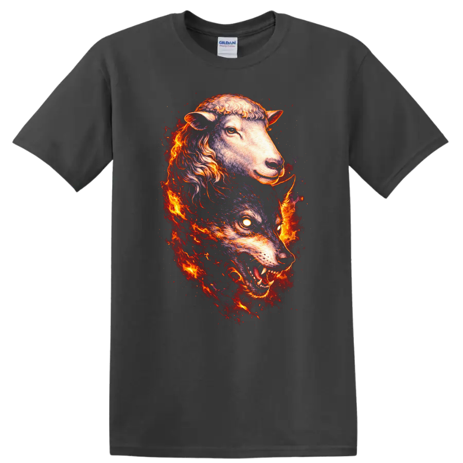 Fiery Sheep and Wolf Spirit Animal Duo T Shirt for Nature Lovers - Charcoal
