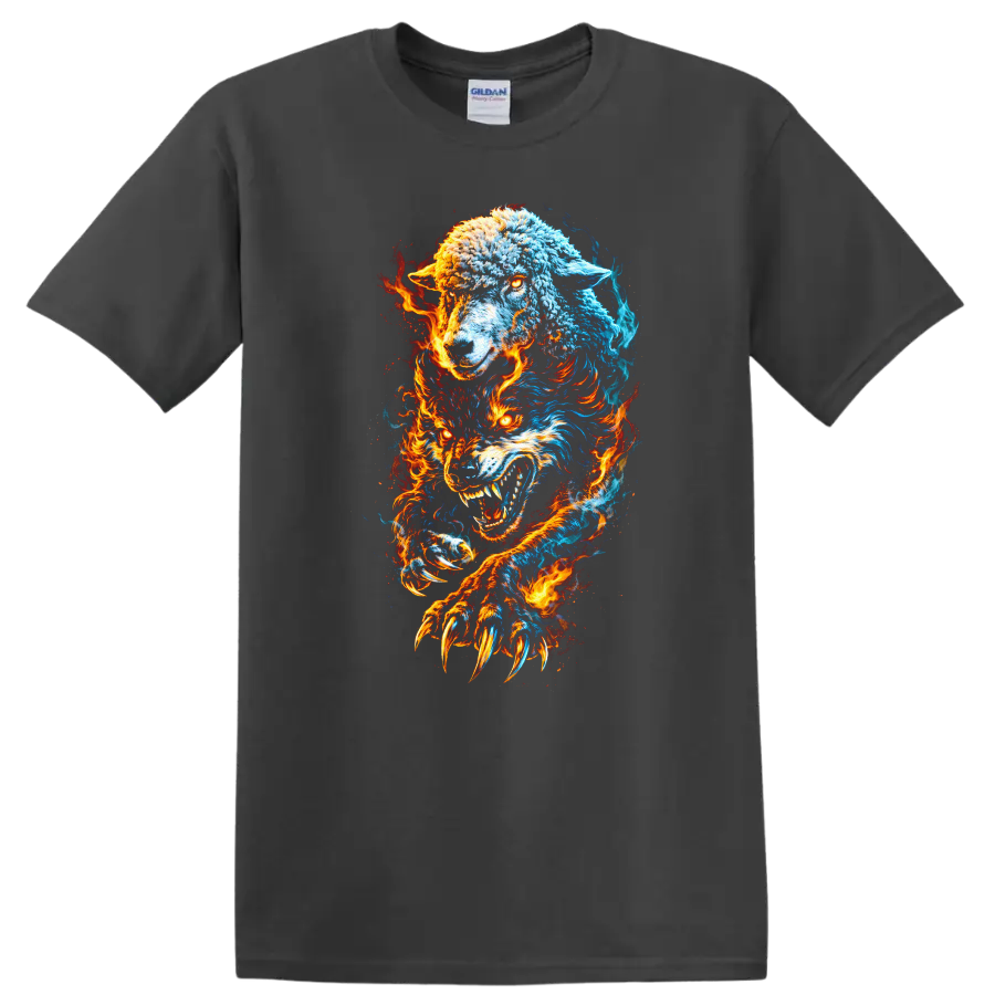 Fire and Ice Wolves Fury T Shirt for Bold Animal Lovers - Charcoal