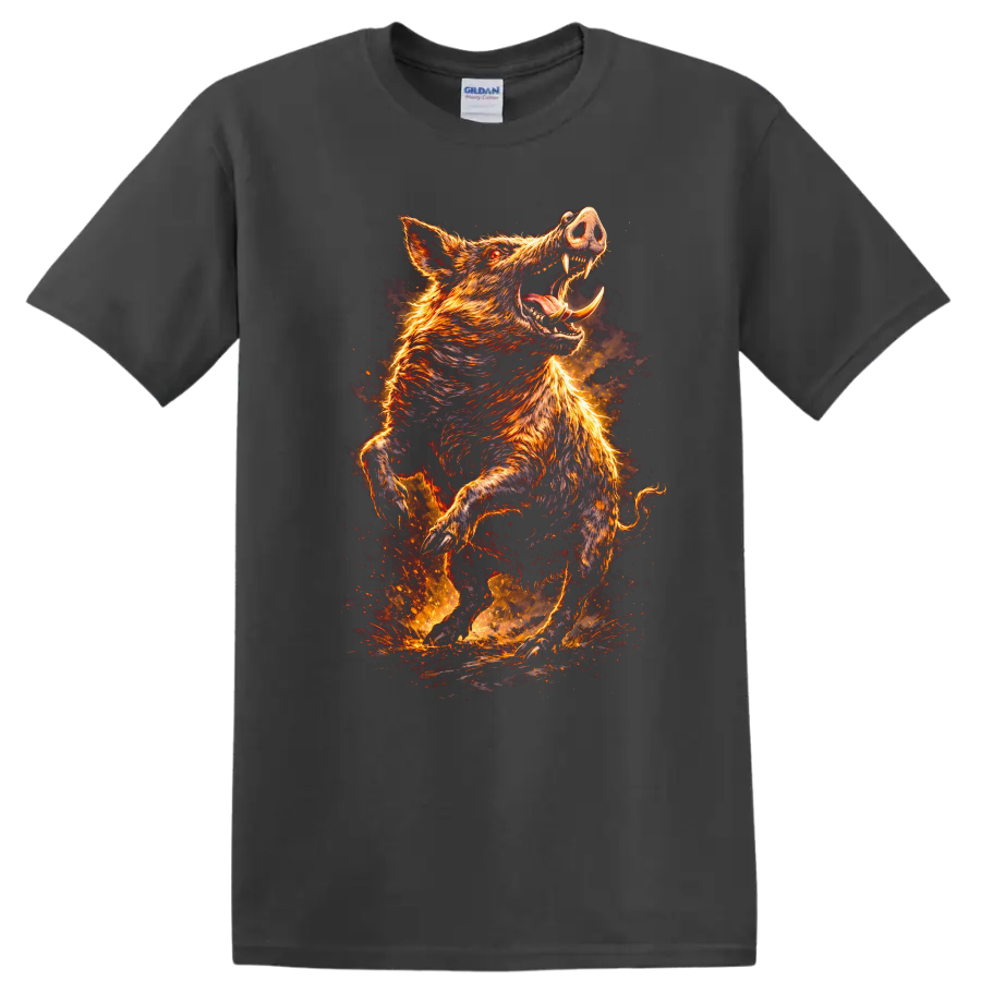 Fiery Wild Boar Attack Graphic T Shirt for Animal Lovers - Charcoal