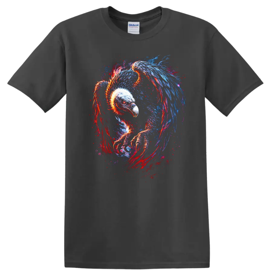 Fiery Neon Vulture Eagle Skeleton T Shirt Psychedelic Animal Art - Charcoal