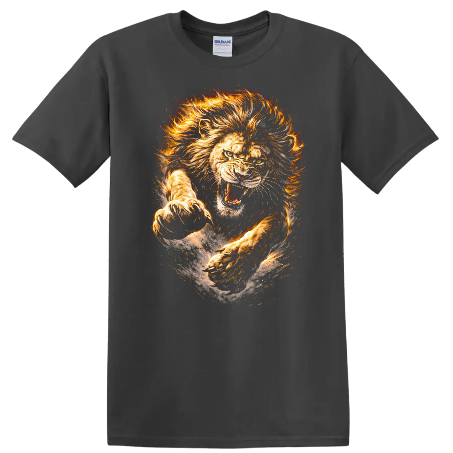Roaring Lion Fire Mane Wildlife Art T Shirt For Animal Lovers - Charcoal
