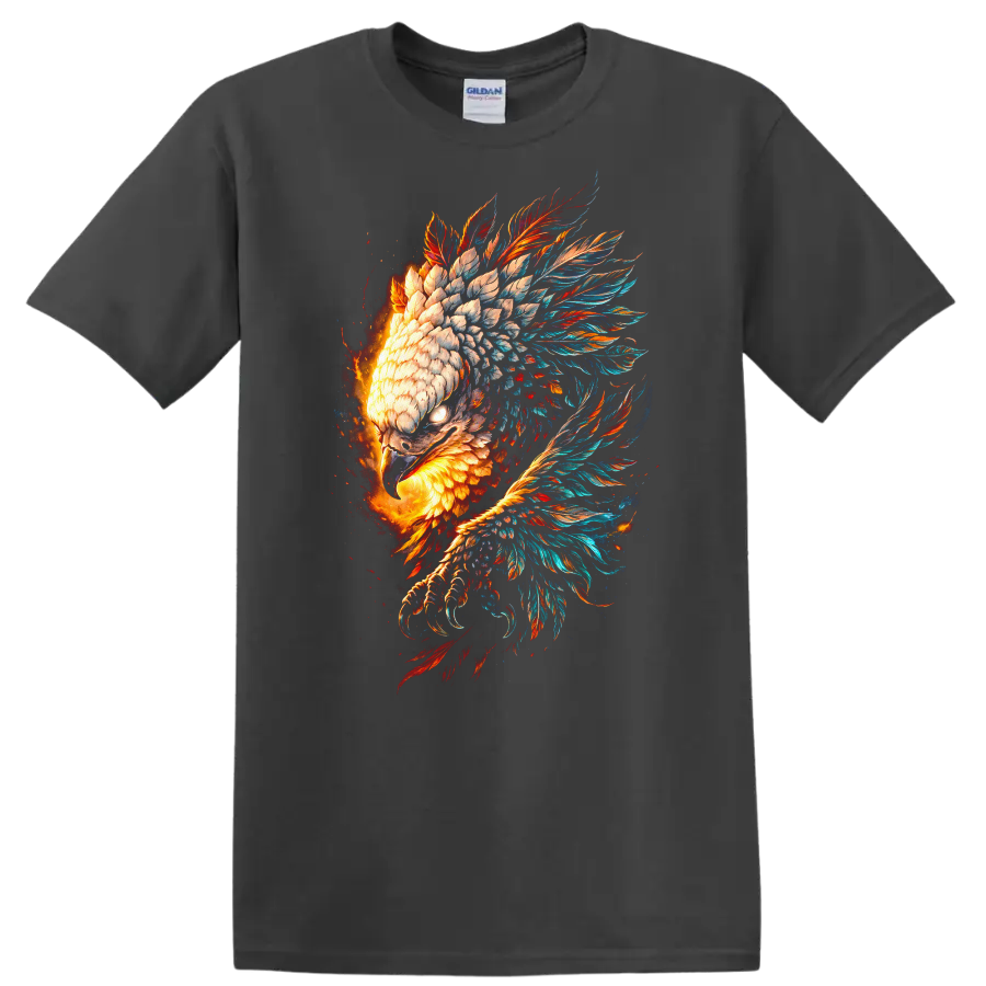 Fiery Phoenix Eagle Feather Burst Animal Art T Shirt - Charcoal