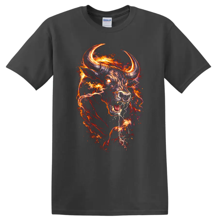 Flaming Bull Head Fire Fury Graphic T Shirt for Bold Animal Art Fans - Charcoal