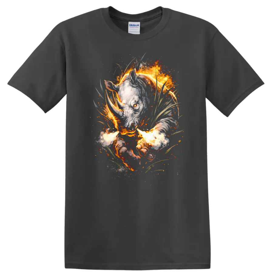 Fiery Rhino Head Animal Art T Shirt Wild Burning Beast Graphic - Charcoal