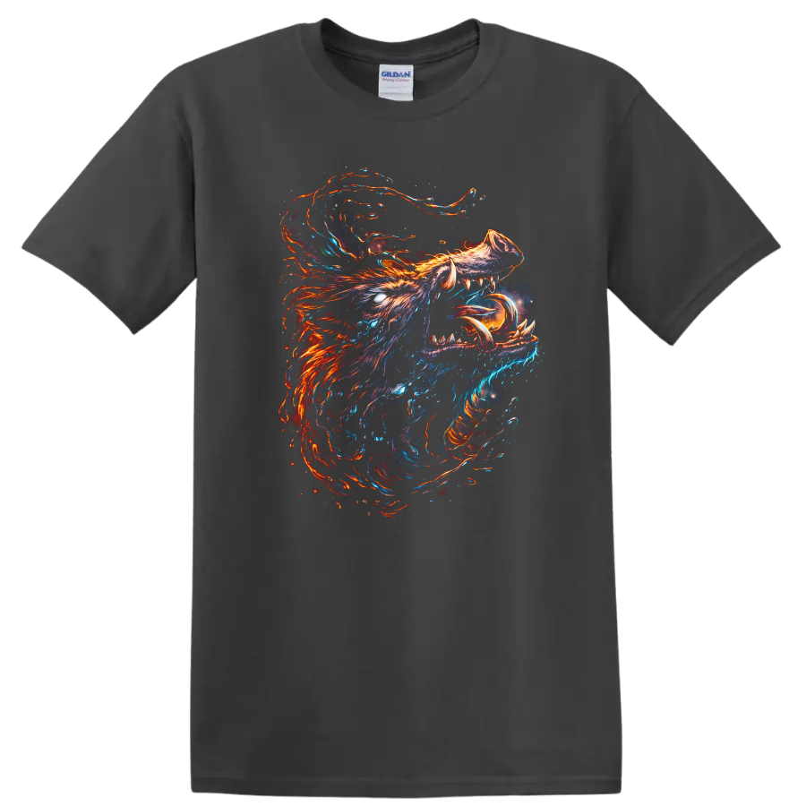 Abstract Neon Wolf Head T Shirt Fierce Fire and Ice Animal Art - Charcoal