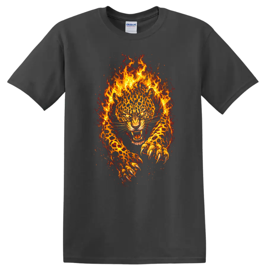 Fiery Leopard Panther T Shirt Wild Flaming Big Cat Animal Graphic - Charcoal