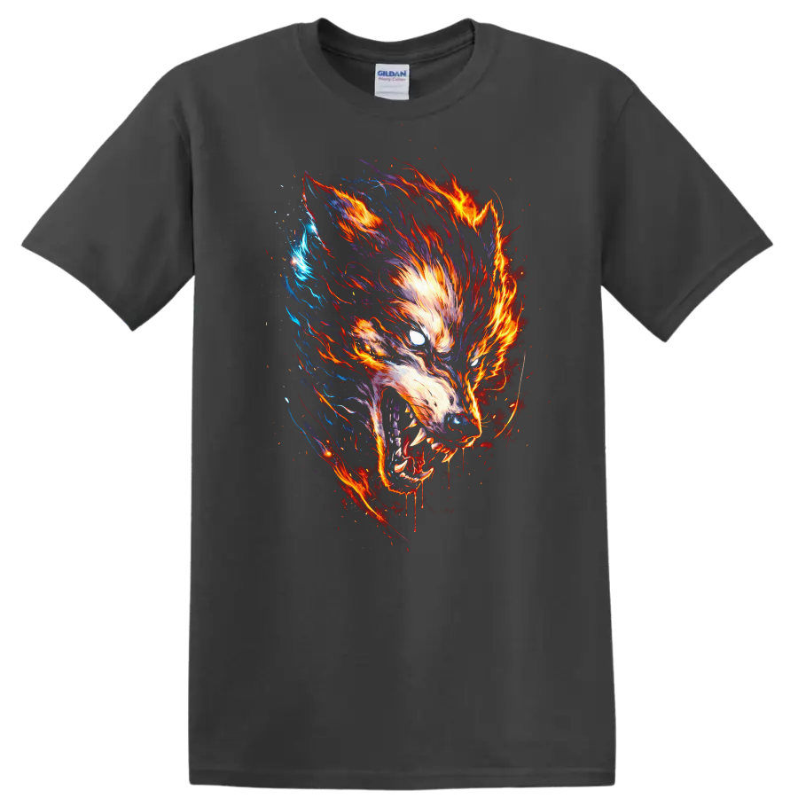 Fiery Wolf Head Graphic T Shirt for Animal Art Lovers - Charcoal