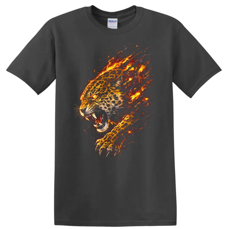 Fiery Flaming Leopard Head T Shirt Bold Animal Graphic for Nature Lovers - Charcoal