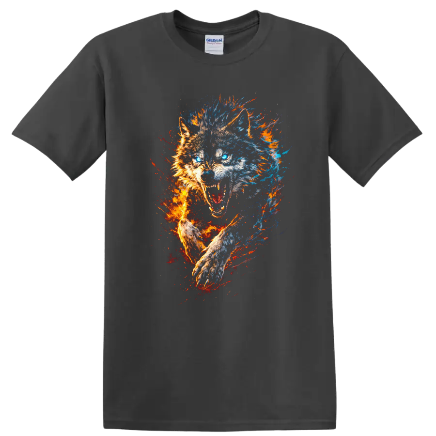 Fiery Wolf Head Graphic T Shirt Blue and Orange Energy Splash - Charcoal