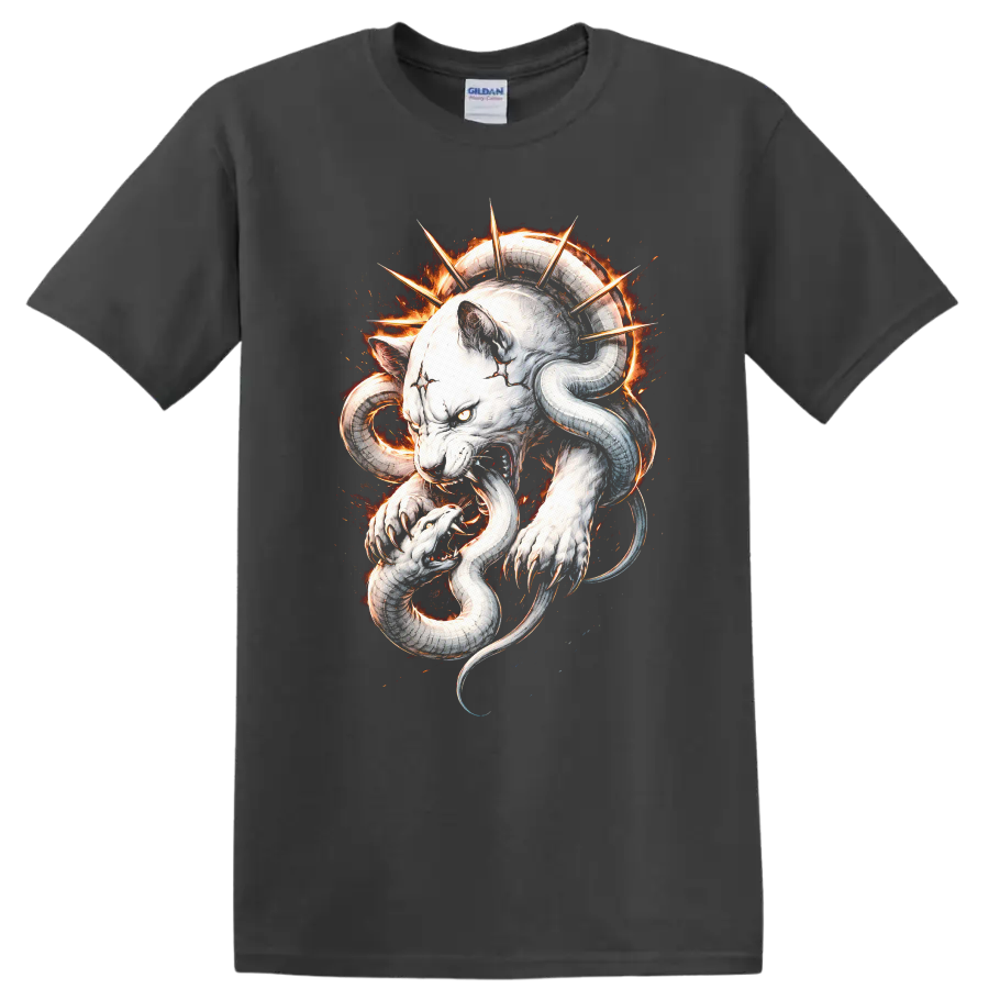 White Panther and Snake Flame Art T Shirt for Animal Lovers - Charcoal