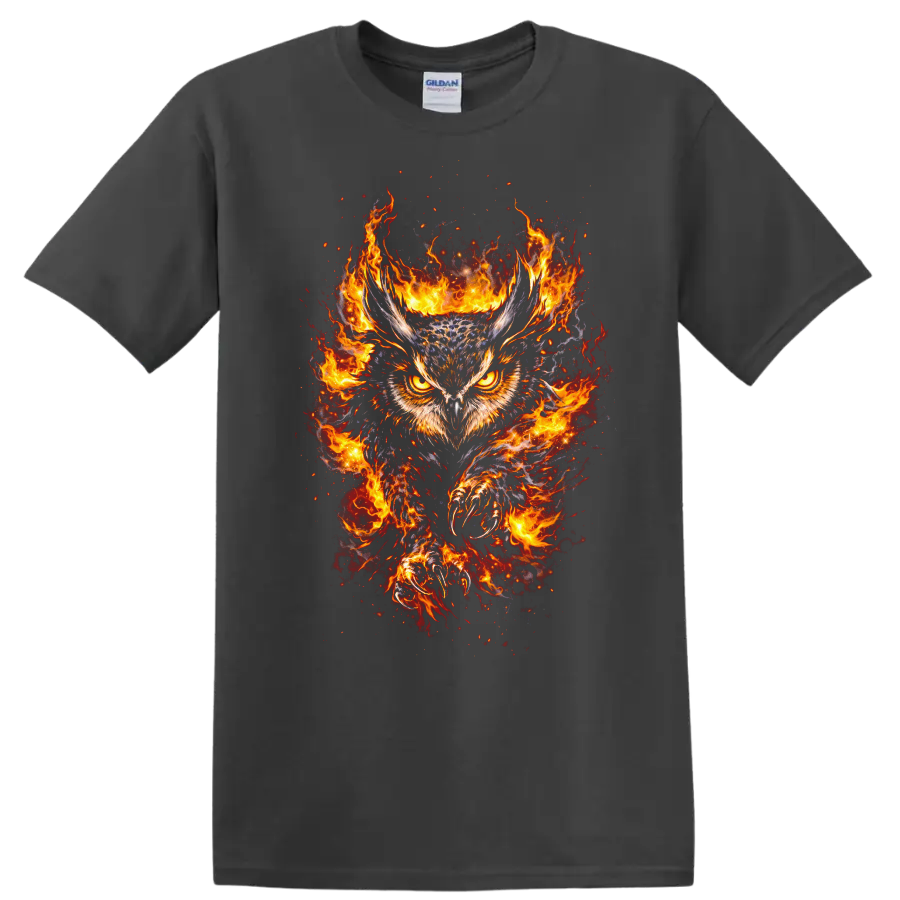 Fiery Owl with Flaming Wings Animal Graphic T Shirt - Charcoal