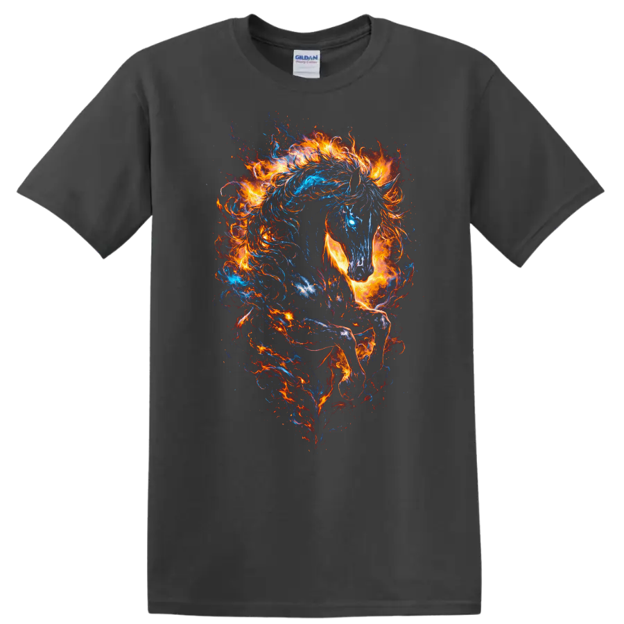 Fiery Blue and Orange Horse Art T Shirt for Animal Lovers - Charcoal