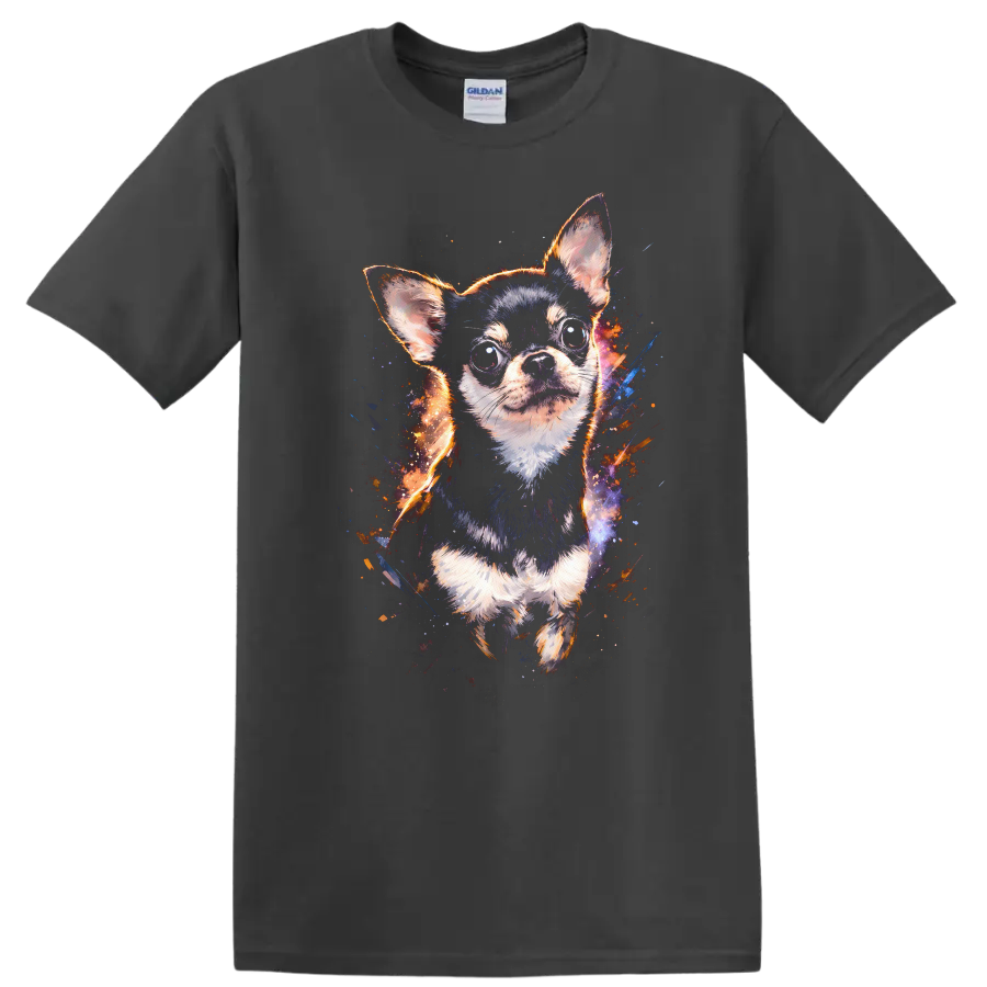 Colorful Chihuahua Portrait T Shirt for Dog Lovers Vibrant Splash Art on a Charcoal T Shirt