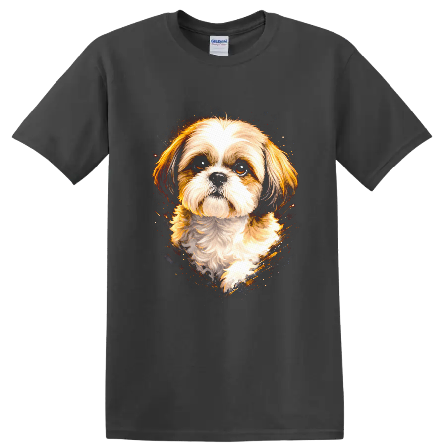 Shih Tzu Dog Portrait Watercolor Splash T Shirt on a Charcoal T Shirt