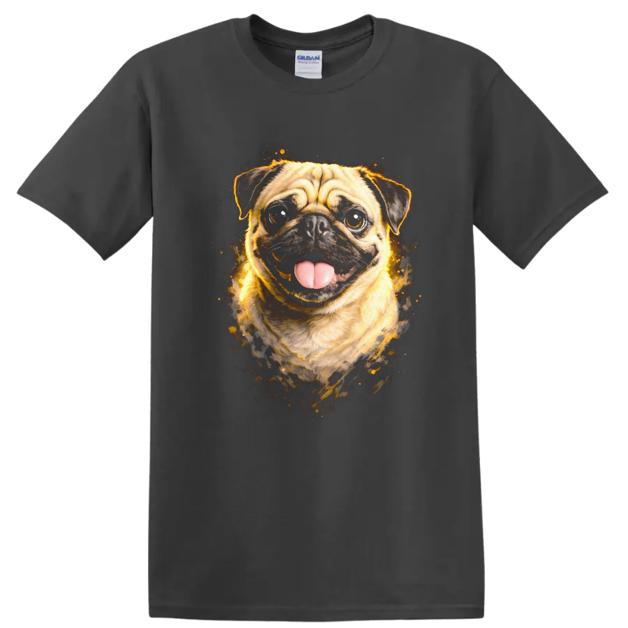 Funny Pug Dog Portrait Splash Art T Shirt for Dog Lovers on a Charcoal T Shirt