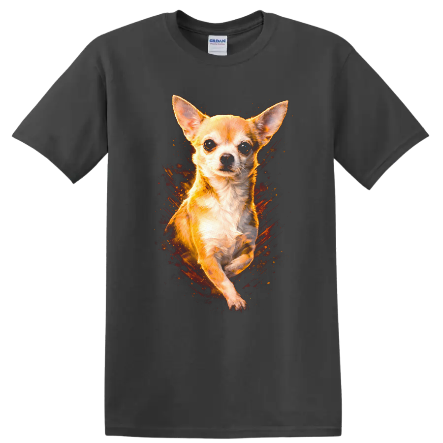 Chihuahua Dog Portrait Fire Burst Graphic T Shirt for Dog Lovers on a Charcoal T Shirt