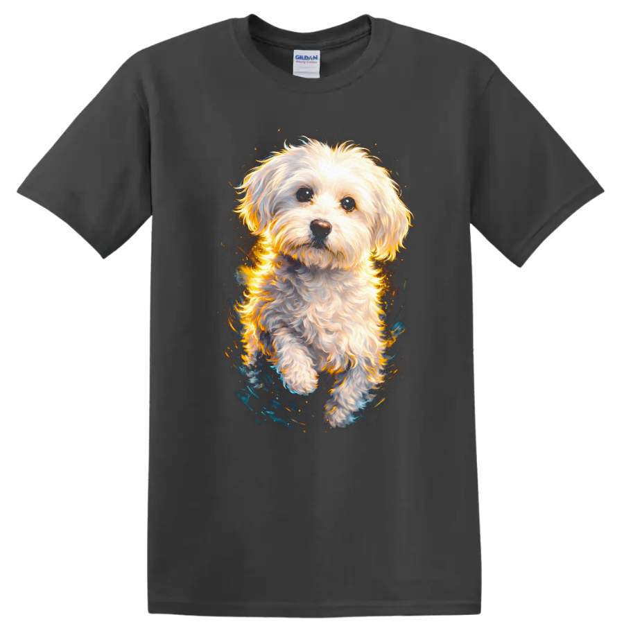 Fluffy White Dog Portrait T Shirt for Dog Lovers and Pet Fans on a Charcoal T Shirt