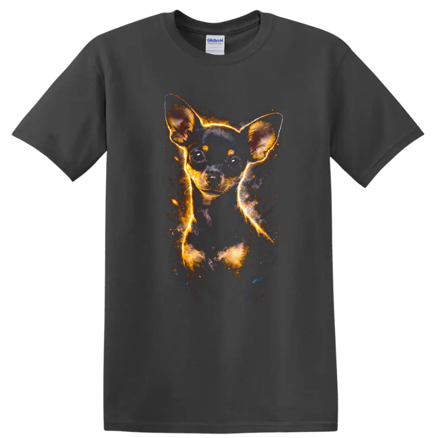 Glowing Chihuahua Puppy Portrait T Shirt for Dog Lovers on a Charcoal T Shirt