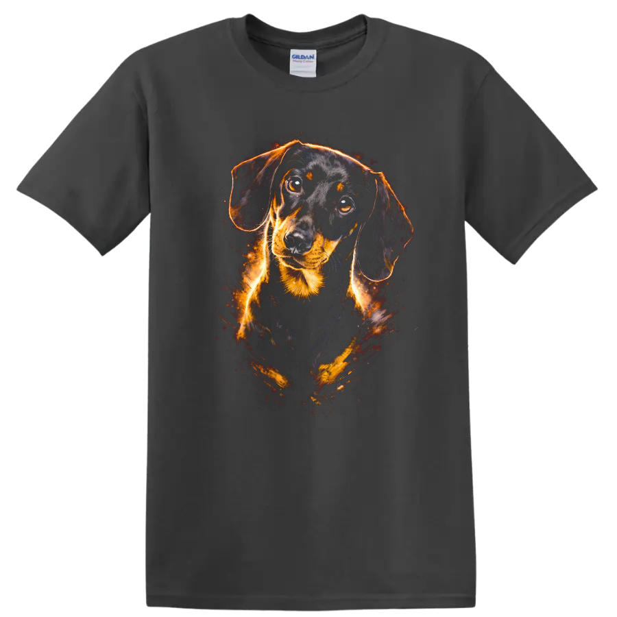 Dachshund Dog Portrait T Shirt Fiery Neon Art for Dog Lovers on a Charcoal T Shirt