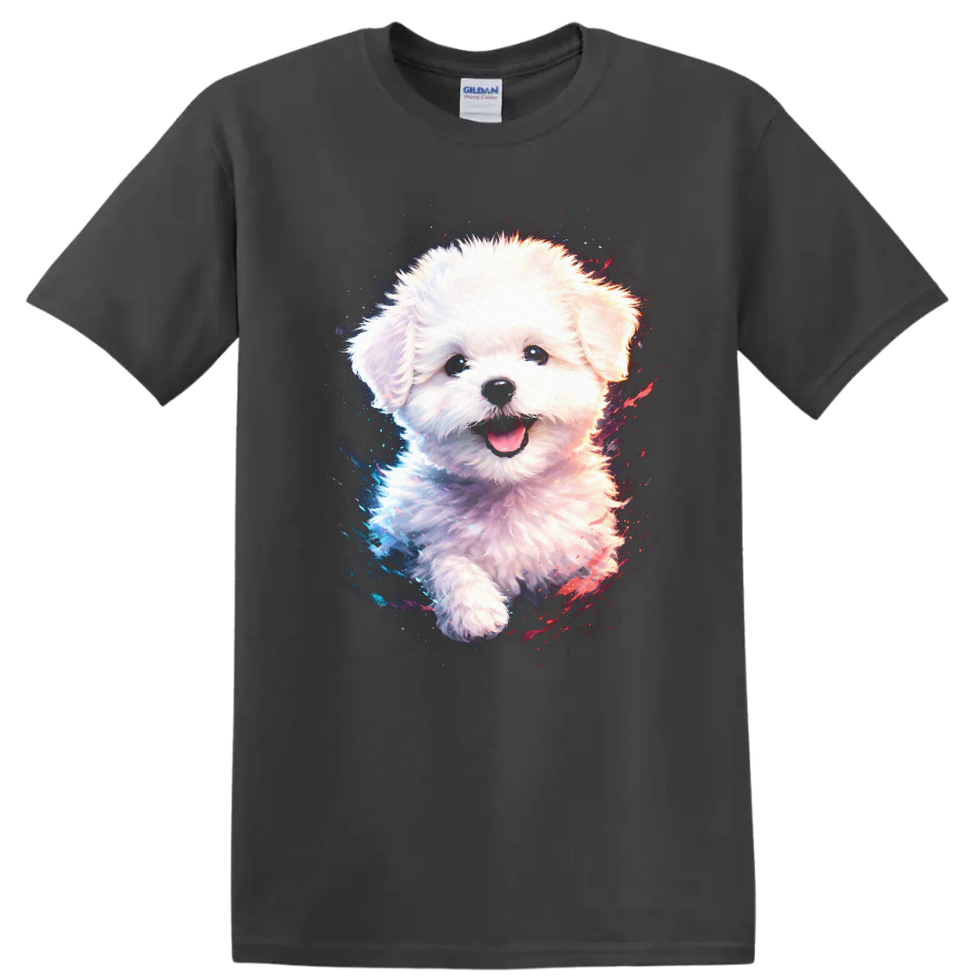 Cute White Puppy Dog Portrait T Shirt Colorful Neon Splash - Charcoal